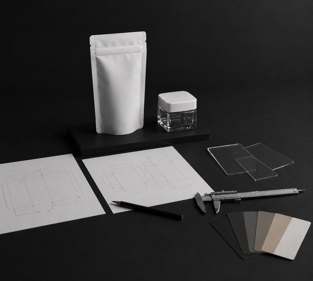 Cannaline packaging samples including a pouch, jar, vial, and dropper bottle
