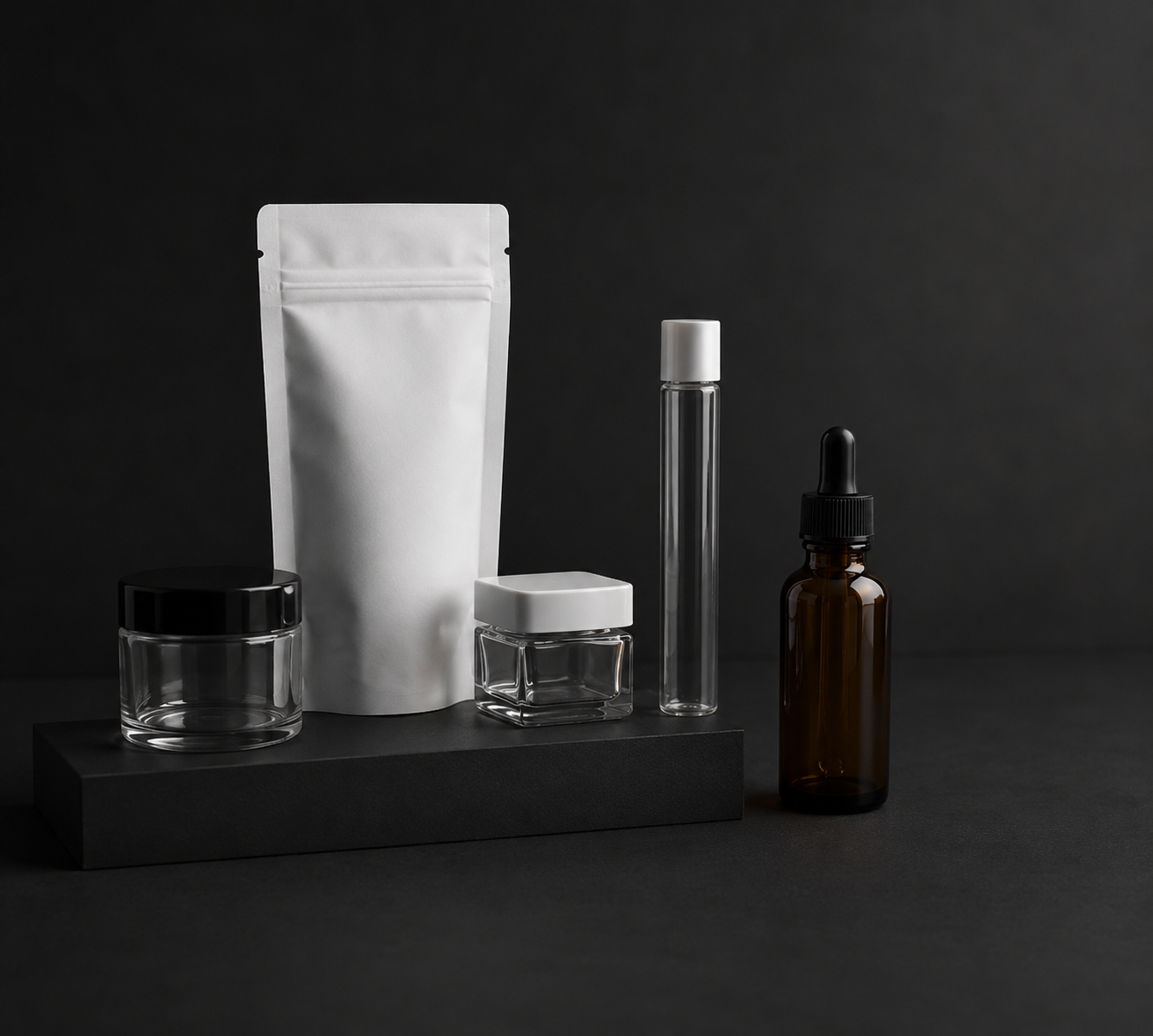 Cannaline packaging jars, pouches, and bottles arranged in a product display